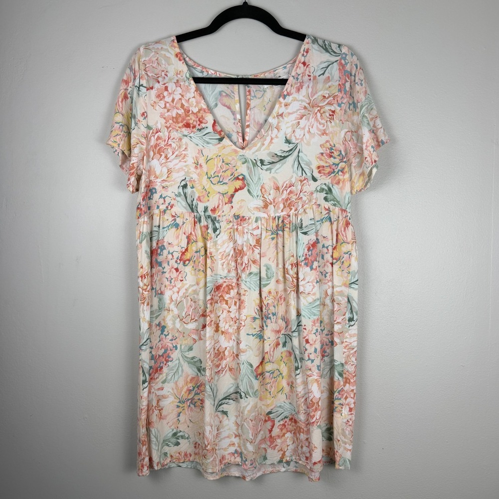 O'Neill Dress Women Medium Pink Floral Short Sleeve 100% Viscose V-Neck Pullover
